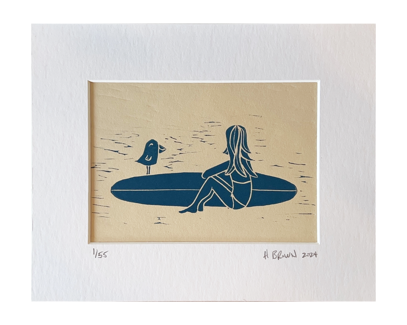 Surf Girl With Bird Limited Edition Linocut