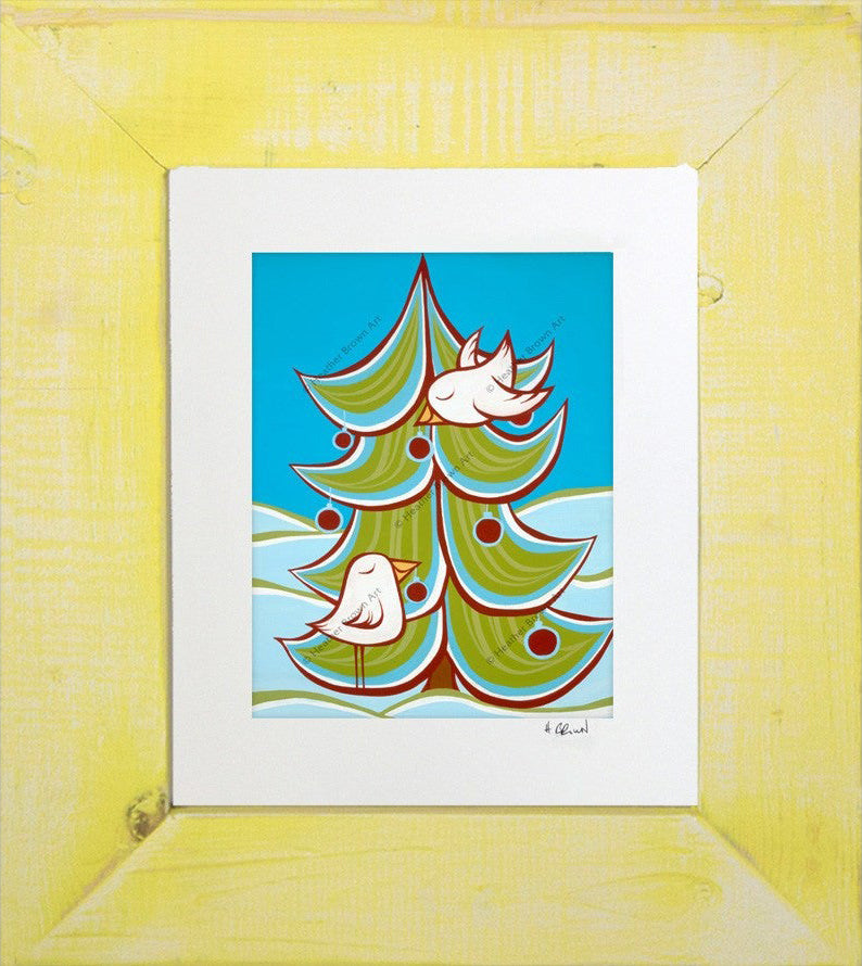 Heather Brown's matted painting Christmas Tree with a yellow frame