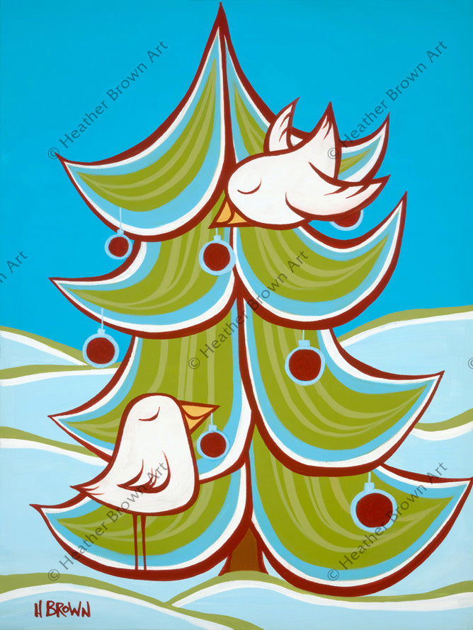 Two Birds decorating a Christmas Tree