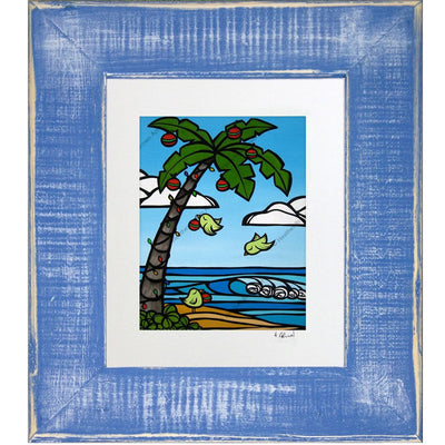 Tropical Christmas - Matted Print on Paper with Classic Blue, Reclaimed Wood Frame by Hawaii surf artist Heather Brown